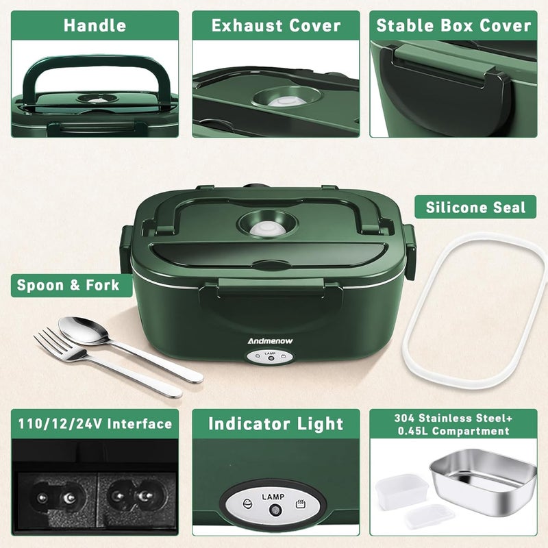 Andmenow Electric Lunch Box 80W Food Heater with Dual Container, Portable Lunch Warmer for Adults, Upgraded Heated Lunch Box for Car/Truck/Office,110/24/12V 1.5L Green - Image 5